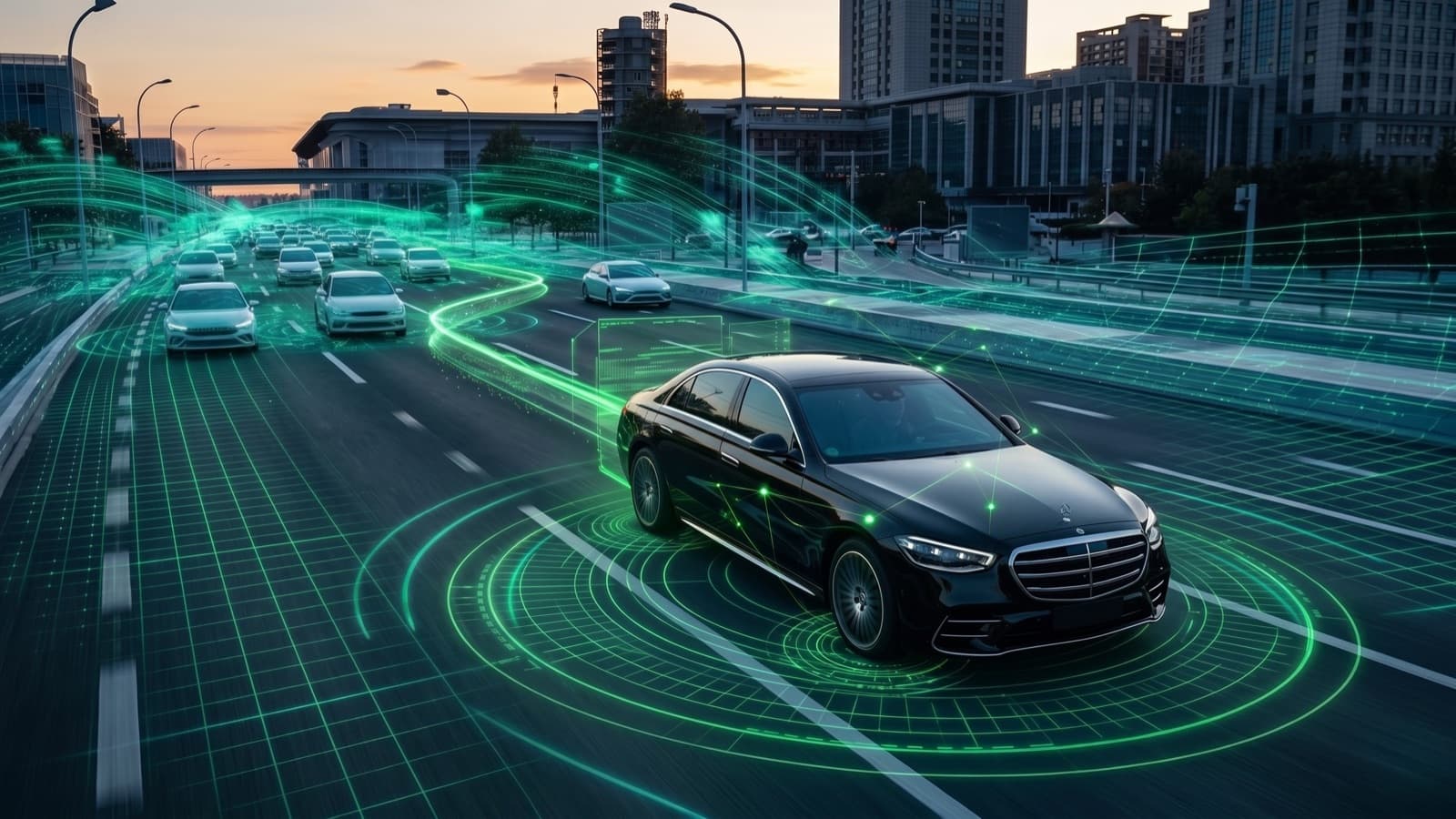Luxury vehicle on a highway with live GPS tracking data overlays showing speed, location coordinates and battery status
